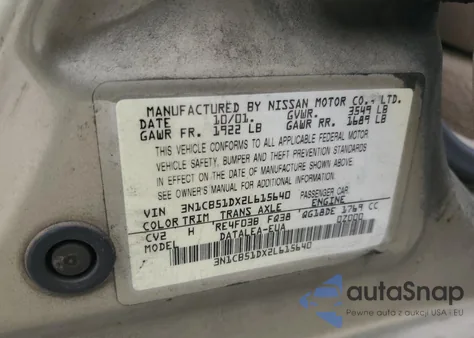 2002 Nissan Sentra Xe z USA, uszkodzony, nr VIN 3N1CB51DX2L615640